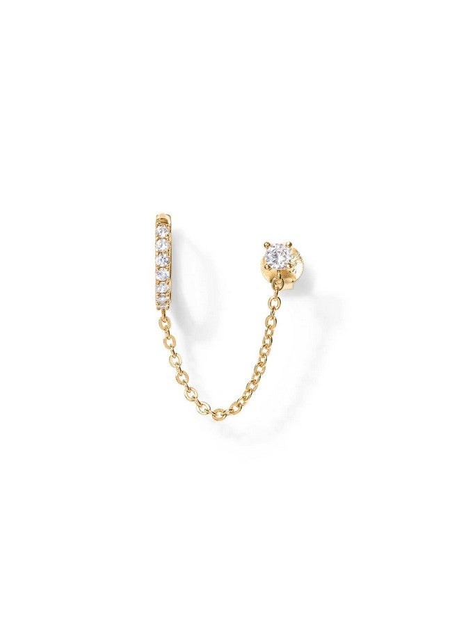 PAVOI 14K Yellow Gold Plated | Double Piercing Dangle Chain Huggie Hoop Earrings | Cubic Zirconia Pearl Stud (Single) - Image 2