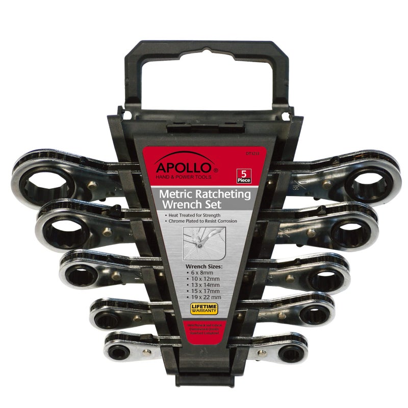 Apollo Tools 5 Piece Metric Steel Ratcheting Wrench Set includes 5 Ratcheting Wrenches in Quick Release Case for Trunk Garage and on the Road DT1213