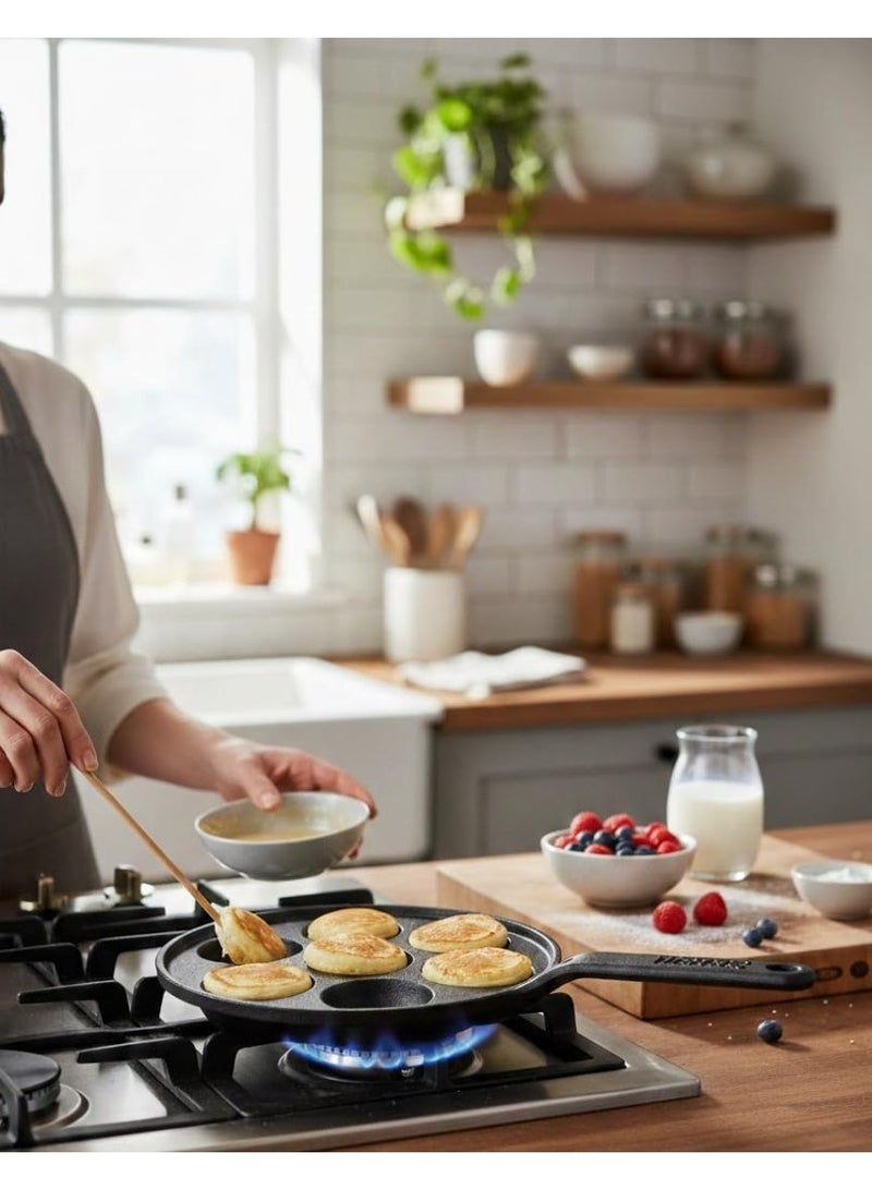 ديسينت مقلاة أبام من الحديد الزهر بدون غطاء - مقلاة/صانعة أبام - مقلاة بان كيك بـ 7 فتحات، صانعة كبة وفلافل، أباتشاتي، مقلاة أبي، مقلاة بانيارام، أواني طهي متينة بوزن 1.75 كجم، متبلة مسبقًا للغاز والحث - Image 5