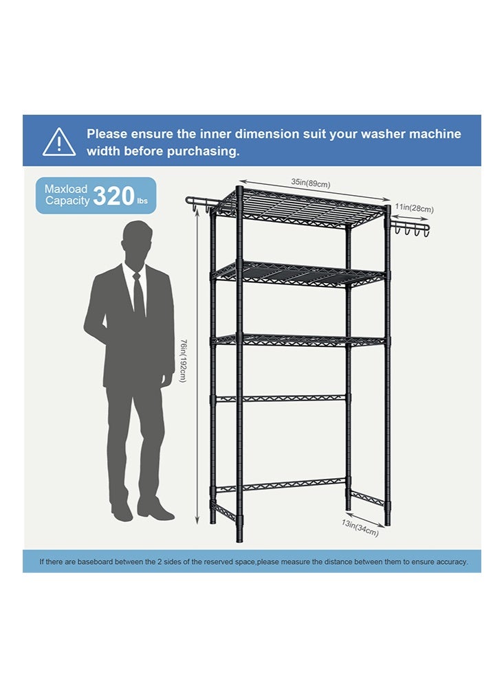 سولاكان وحدة تخزين 3 طبقات، رف فوق الغسالة والمجفف لتوفير المساحة، أرفف تخزين مع خطافات جانبية، ارتفاع قابل للتعديل لغرفة الغسيل والحمام، أسود - Image 4