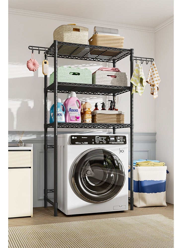 3-Tier Storage Unit, Washing Machine and Dryer Shelving Unit, Space-Saving Over Washer Storage Rack Shelves with Side Hooks, Adjustable Height for Laundry & Bathroom, Black