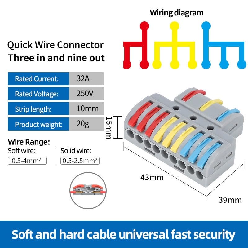 ZIVIK 3 in 9 Out Quick Wire Connector, 2 Pcs Push-in Releasable Cable Conductor, Secure & Removable Electrical Connector, Fast Terminal Block Distribution Wire Jointer Cable Conductor Clamp - Image 3