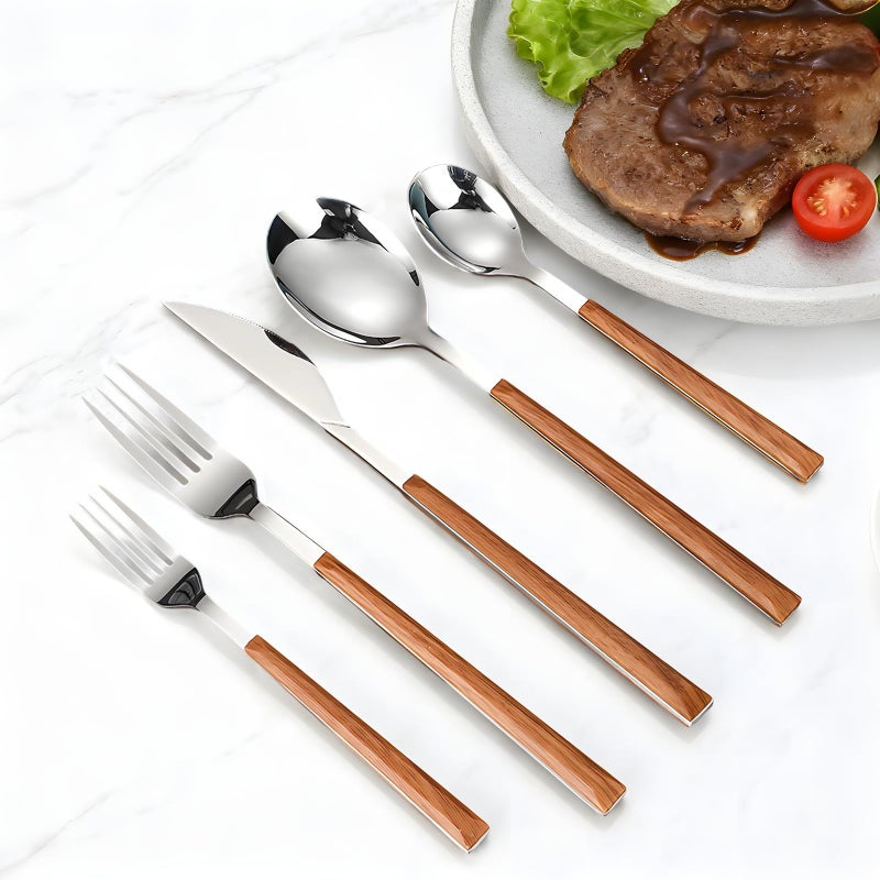 4 Piece Silverware Set 430 Stainless Steel With Faux Wood Handle Mirror Polish - Image 4