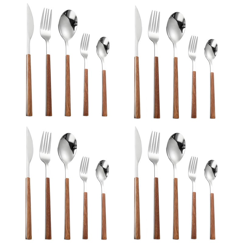 4 Piece Silverware Set 430 Stainless Steel With Faux Wood Handle Mirror Polish - Image 2