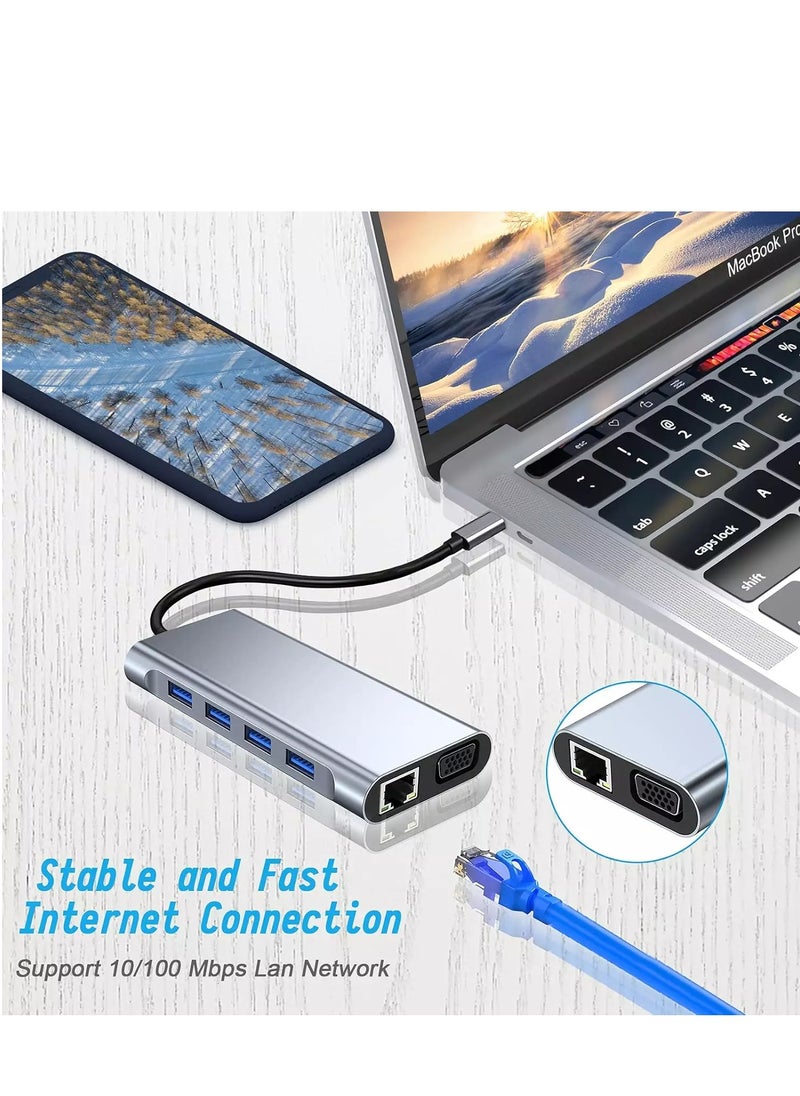 Generic - USB C HUB 11 in 1 with 4K HDMI, VGA, Type C PD, USB3.0, RJ45 Ethernet, SD/TF Card Reader, 3.5mm AUX - Image 1