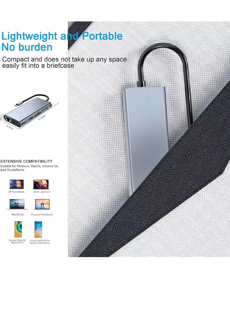 Generic - USB C HUB 11 in 1 with 4K HDMI, VGA, Type C PD, USB3.0, RJ45 Ethernet, SD/TF Card Reader, 3.5mm AUX - Image 1