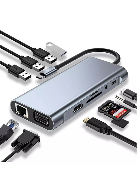 USB C HUB 11 in 1 with 4K HDMI, VGA, Type C PD, USB3.0, RJ45 Ethernet, SD/TF Card Reader, 3.5mm AUX