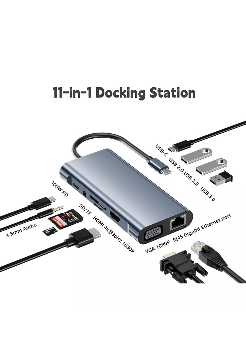 Generic - USB C HUB 11 in 1 with 4K HDMI, VGA, Type C PD, USB3.0, RJ45 Ethernet, SD/TF Card Reader, 3.5mm AUX - Image 1