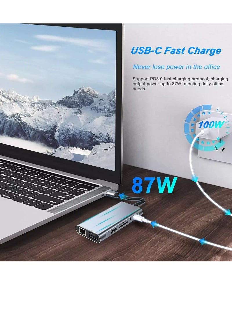 Generic - USB C HUB 11 in 1 with 4K HDMI, VGA, Type C PD, USB3.0, RJ45 Ethernet, SD/TF Card Reader, 3.5mm AUX - Image 1