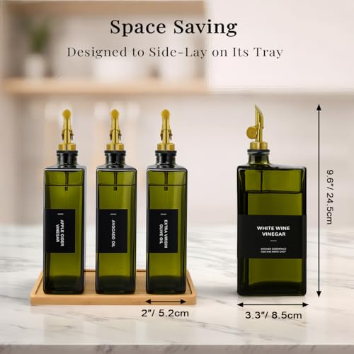 Gelury Olive Oil Dispenser Bottle for Kitchen with Bamboo Tray- Glass Oil and Vinegar Dispenser Set 16.9oz, Soy Sauce & Syrup Bottle, Modern Hostess Gift (Green, 16.9oz, Set of 3) - Image 5