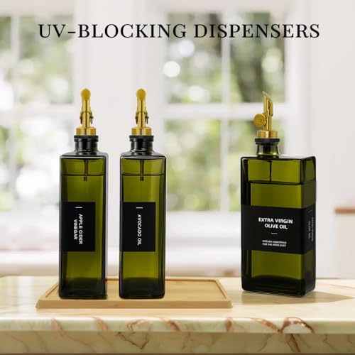 Gelury Olive Oil Dispenser Bottle for Kitchen with Bamboo Tray- Glass Oil and Vinegar Dispenser Set 16.9oz, Soy Sauce & Syrup Bottle, Modern Hostess Gift (Green, 16.9oz, Set of 3) - Image 2