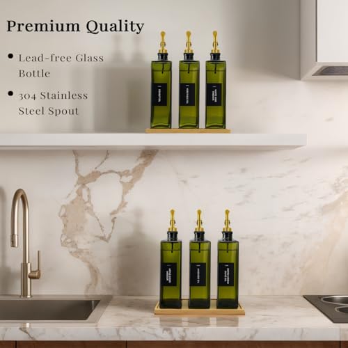Gelury Olive Oil Dispenser Bottle for Kitchen with Bamboo Tray- Glass Oil and Vinegar Dispenser Set 16.9oz, Soy Sauce & Syrup Bottle, Modern Hostess Gift (Green, 16.9oz, Set of 3) - Image 4