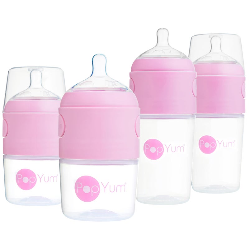PopYum Pink Formula Making Baby Bottle Starter Set, 4-Pack, 2X 5oz Bottles with #1 Slow Flow Nipples + 2X 9oz Bottles with #2 Medium Flow Nipples, Mixing, Dispenser - Image 1