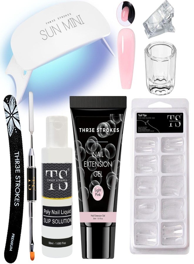 THR3E STROKES Poly Nail Gel Extension Kit With Slip Solution Uv Nail Lamp for Builder Gel UV Nail Art Kit Nail Extension Set {SSD KIT} (LIGHT PINK, 8 IN 1) - Image 1