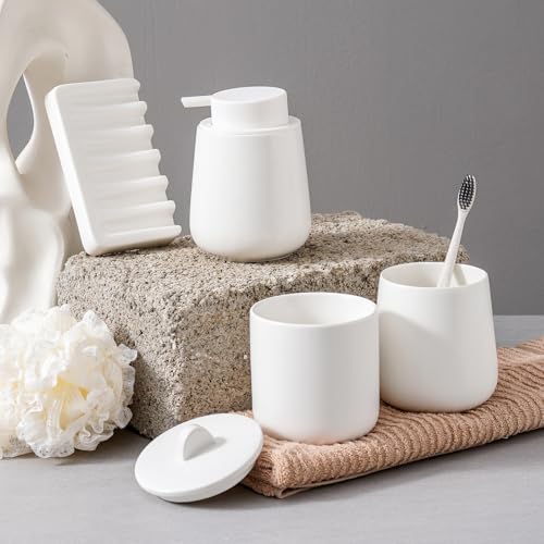 Agyiuns Ceramic Bathroom Accessories Set, Lotion Soap Dispenser and Toothbrush Holder Set, Soap Dish, Apothecary Jars,4 Pieces for Home Modern Bathroom Decor Vanity Countertop(White Set - Liquid) - Image 5