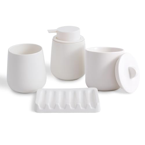 Agyiuns Ceramic Bathroom Accessories Set, Lotion Soap Dispenser and Toothbrush Holder Set, Soap Dish, Apothecary Jars,4 Pieces for Home Modern Bathroom Decor Vanity Countertop(White Set - Liquid) - Image 1