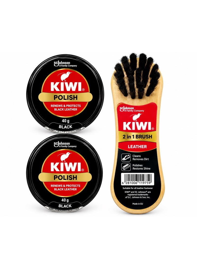 KIWI Black Shoe Polish & Leather Care Set, 2x 40g Tins with 2-in-1 Brush