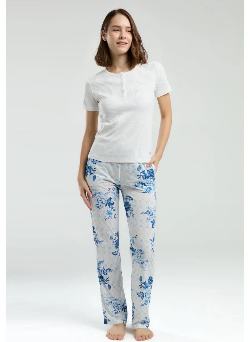 بيير كاردان Top Camisole Solid Color, Bottom Floral Printed Pocket Plus Size Pajama Set