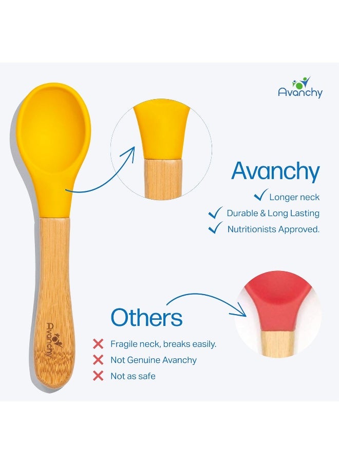 Avanchy - Avanchy Bamboo Baby Spoons - Bamboo and Silicone Baby Spoons - Baby Training Spoons - Soft Tip Baby Spoons - 5.5" L x 1.25" W (Blue) - Image 1