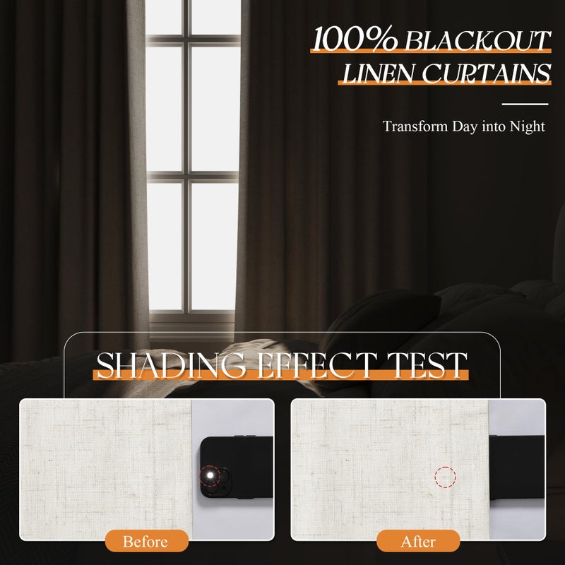 Jowels 96 Inch Linen Blackout Curtains 2 Panels for Bedroom Living RoomCream Natural 100% Black Out Curtains 96 Inches Long Thermal Noise Reduction Light Blocking Drapes Rustic Country 8ft Back Tab Beige - Image 4