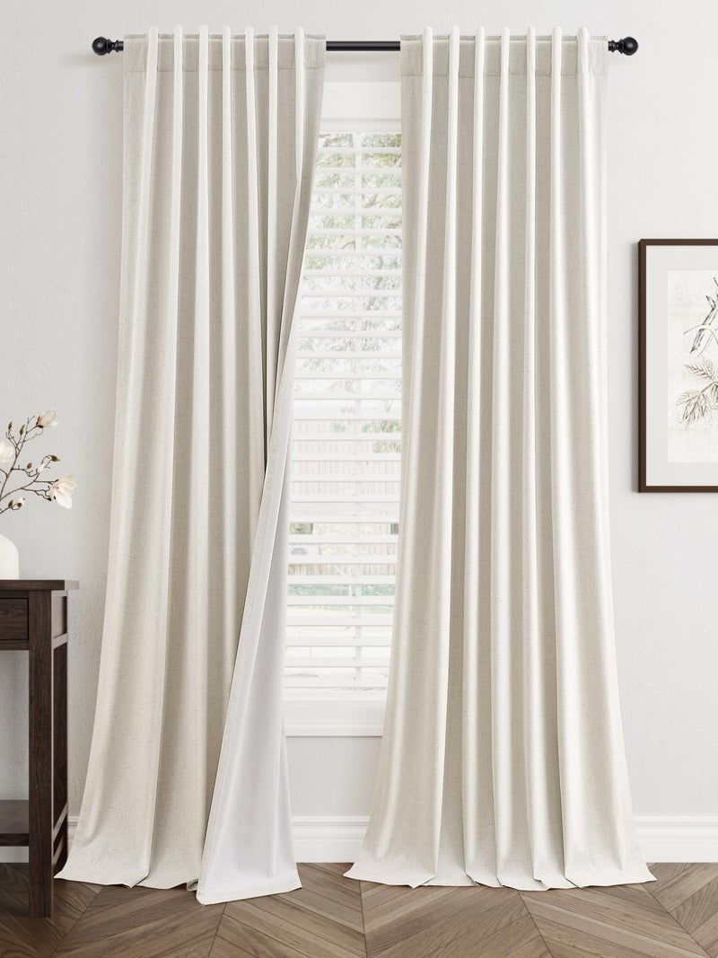 Jowels 96 Inch Linen Blackout Curtains 2 Panels for Bedroom Living RoomCream Natural 100% Black Out Curtains 96 Inches Long Thermal Noise Reduction Light Blocking Drapes Rustic Country 8ft Back Tab Beige - Image 1