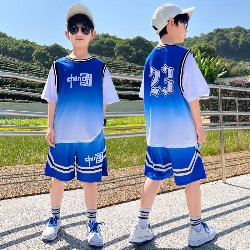 Childrens Clothing Boys Summer Sports Basketball Suit 2023 New Style Mid-Big Boys Western Style Summer Short-Sleeved Fashionable Blue 