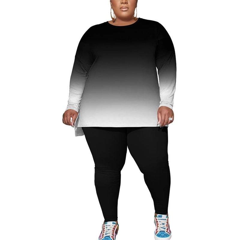 PINSV Women's Plus Size 2 Piece Outfits Sweatsuits Long Sleeve Top and Pants Tracksuit Loungewear Sets Black Gradual 1XL - Image 1