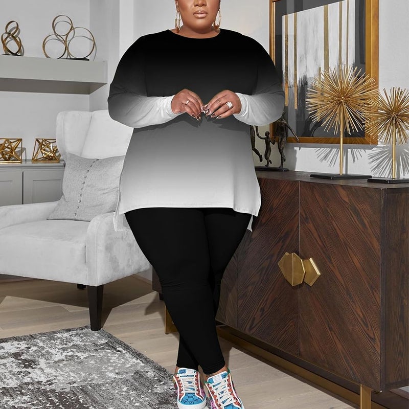 PINSV Women's Plus Size 2 Piece Outfits Sweatsuits Long Sleeve Top and Pants Tracksuit Loungewear Sets Black Gradual 1XL - Image 3