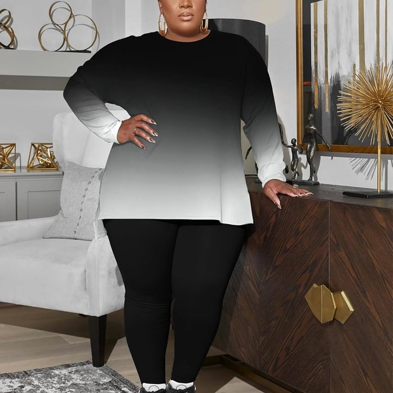 PINSV Women's Plus Size 2 Piece Outfits Sweatsuits Long Sleeve Top and Pants Tracksuit Loungewear Sets Black Gradual 1XL - Image 4
