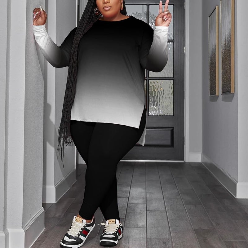 PINSV Women's Plus Size 2 Piece Outfits Sweatsuits Long Sleeve Top and Pants Tracksuit Loungewear Sets Black Gradual 1XL - Image 2