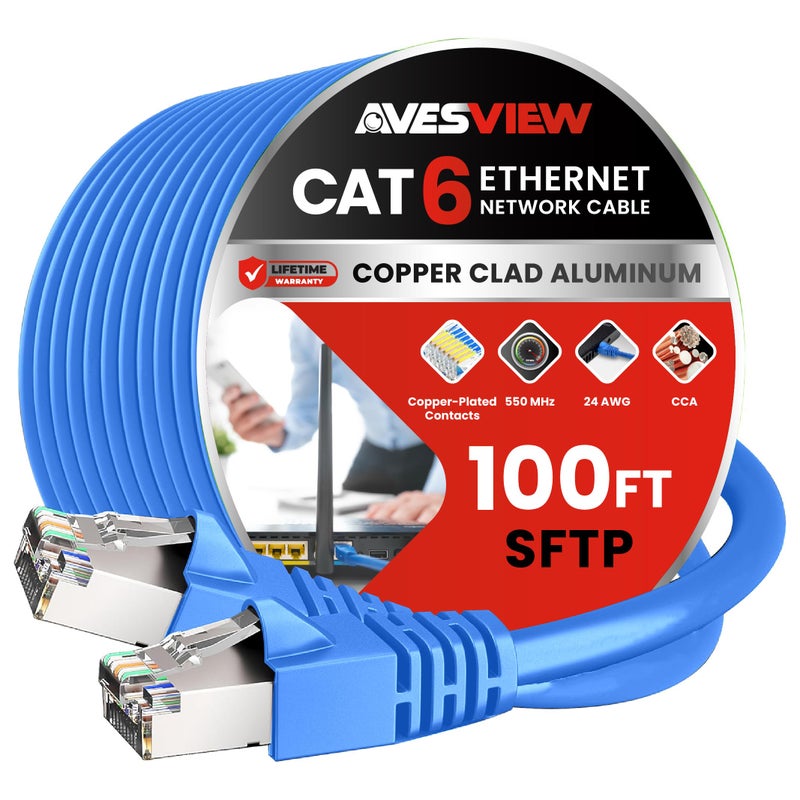 AvesView CAT 6 Shielded Ethernet Cable 100 FT, Indoor High-Speed (SFTP) 10Gbps Snagless Shielded 100FT Ethernet Cable for Internet, Router, Computer, PlayStation, Xbox, POE Camera, Printer - Blue - Image 1