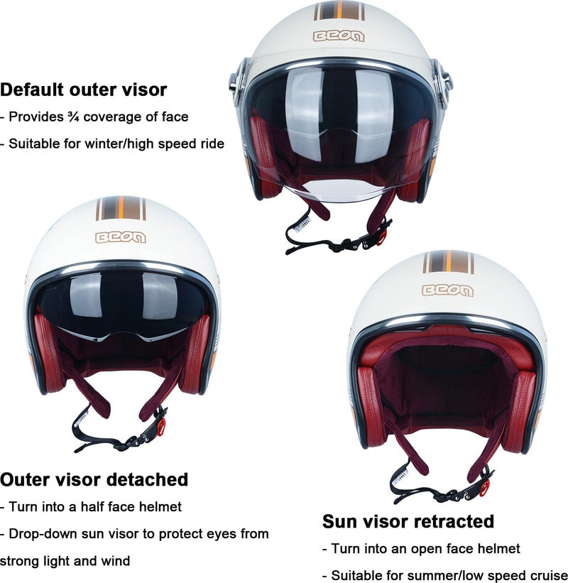BEON Open Face Motorcycle Helmet for Adults, DOT Approved,Moped 3/4 Half Vespa Vintage Helmet with Dual Visors for Men and Women - Image 4