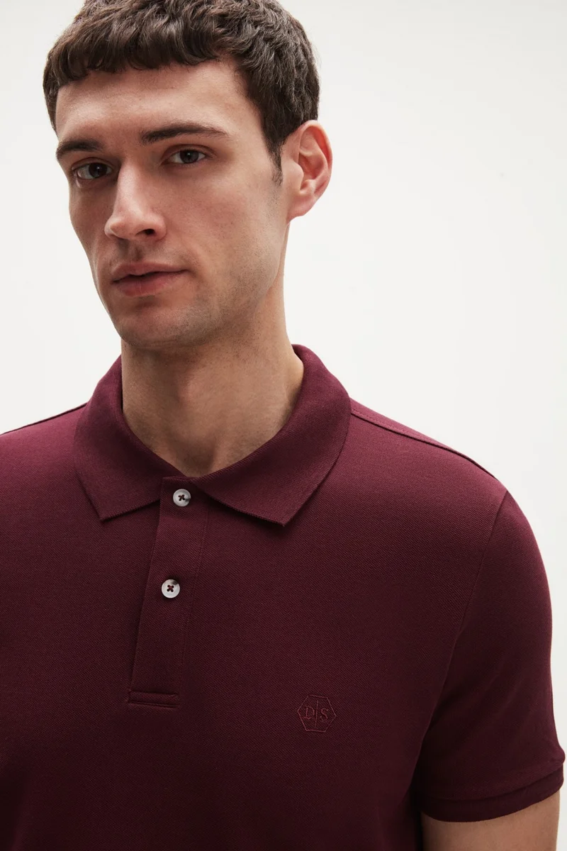 D'S DAMAT Regular Fit Plum 100% Cotton Long-Lasting Non-Curling Polo Collar Embroidered T-Shirt 4HC14ORT51000