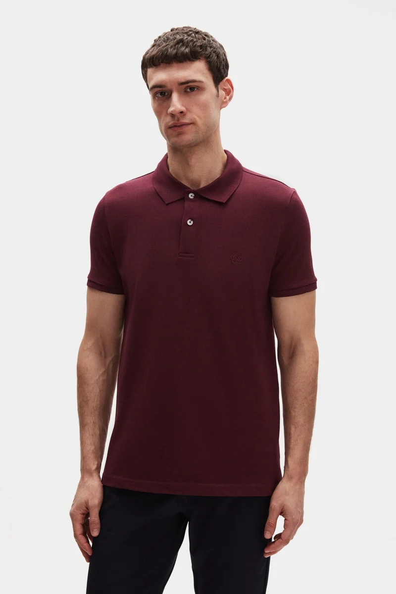 D'S DAMAT Regular Fit Plum 100% Cotton Long-Lasting Non-Curling Polo Collar Embroidered T-Shirt 4HC14ORT51000