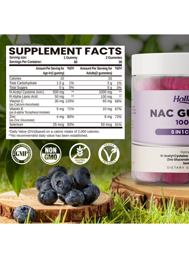 Hollegend 6 في 1 حلوى ن-أسيتيل سيستين، مكمل قابل للمضغ 1000 ملغ للأطفال والبالغين، مع ALA، زنك، فيتامين C وE، سيلينيوم، يدعم مضادات الأكسدة والجهاز المناعي، بنكهة التوت، خالي من السكر، 60 حبة - Image 2