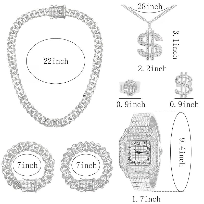 NEWITIN 7 Pieces Silver Jewelry Set for Men Diamond Watch Necklace Bracelets Stainless Steel Cubic Zirconia Cuban Jewels Bling Dollar Necklace Rings Hip Hop Jewelry Set for Men Women - Image 2