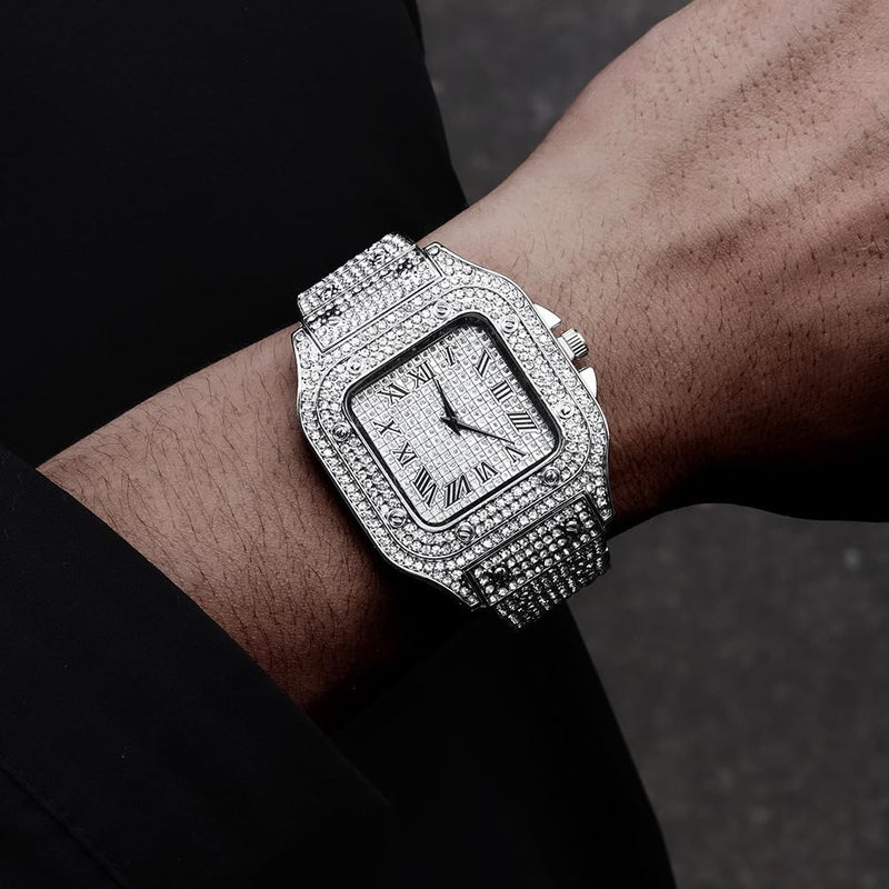 NEWITIN 7 Pieces Silver Jewelry Set for Men Diamond Watch Necklace Bracelets Stainless Steel Cubic Zirconia Cuban Jewels Bling Dollar Necklace Rings Hip Hop Jewelry Set for Men Women - Image 5