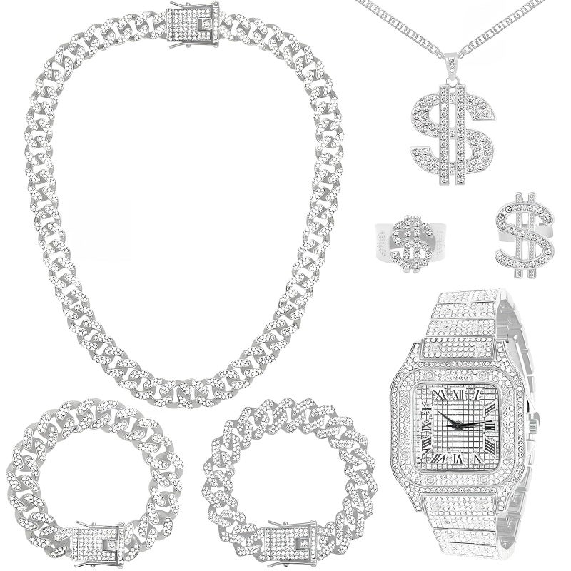 NEWITIN 7 Pieces Silver Jewelry Set for Men Diamond Watch Necklace Bracelets Stainless Steel Cubic Zirconia Cuban Jewels Bling Dollar Necklace Rings Hip Hop Jewelry Set for Men Women - Image 1