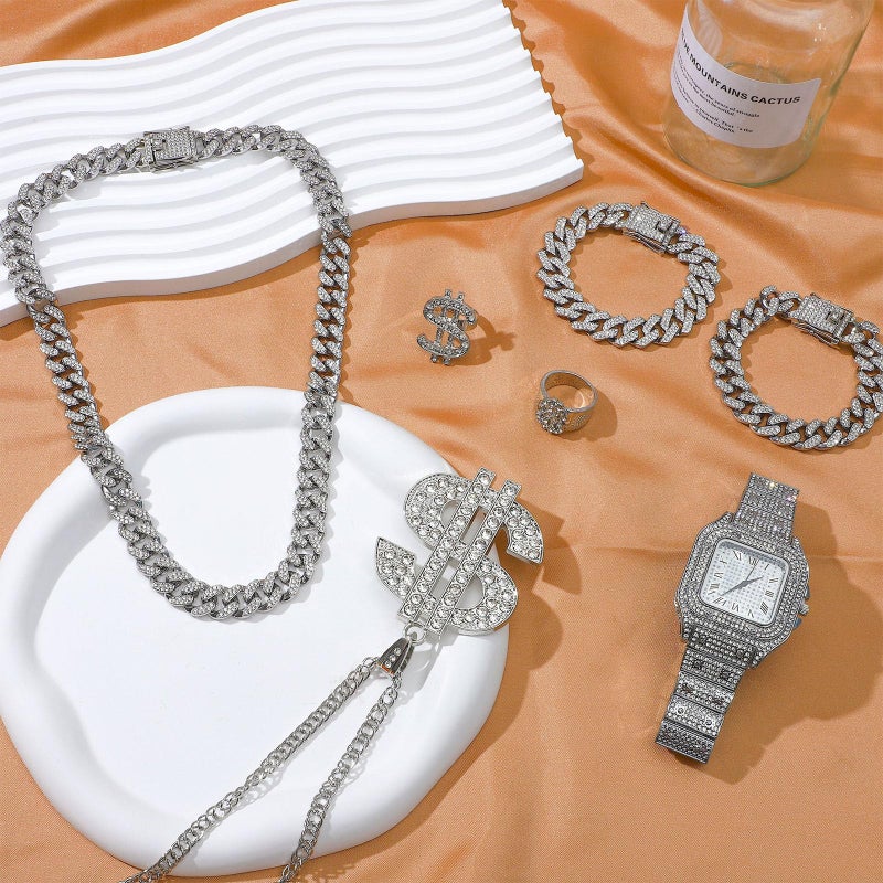 NEWITIN 7 Pieces Silver Jewelry Set for Men Diamond Watch Necklace Bracelets Stainless Steel Cubic Zirconia Cuban Jewels Bling Dollar Necklace Rings Hip Hop Jewelry Set for Men Women - Image 3