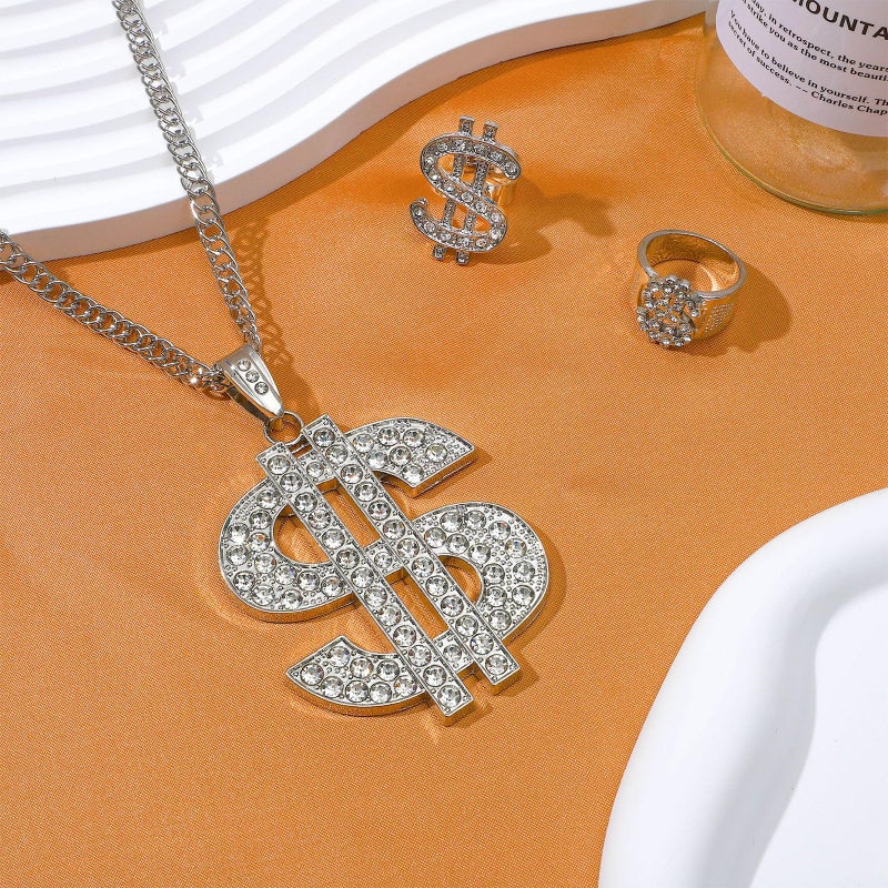 NEWITIN 7 Pieces Silver Jewelry Set for Men Diamond Watch Necklace Bracelets Stainless Steel Cubic Zirconia Cuban Jewels Bling Dollar Necklace Rings Hip Hop Jewelry Set for Men Women - Image 4
