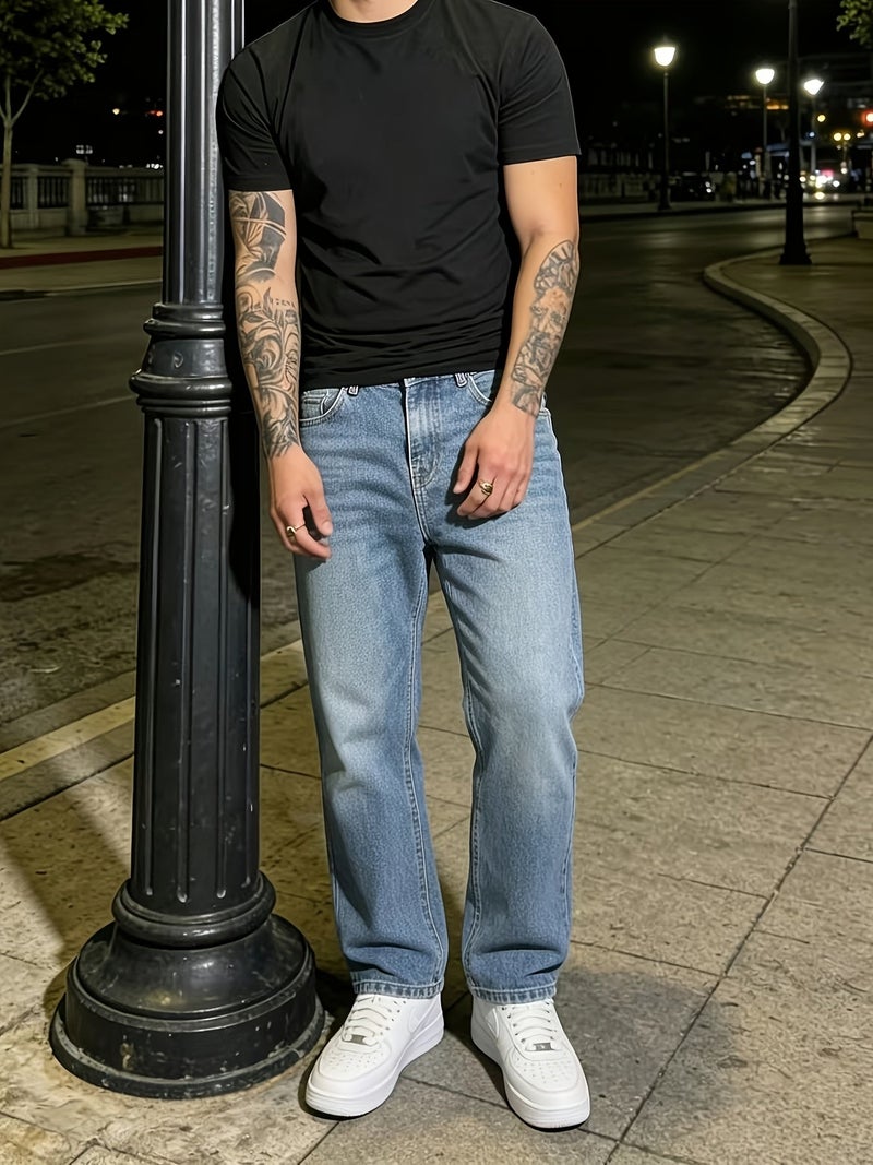GALLERY FADE Loose Fit Men's Jeans with Slant Pockets Baggy Long Washed Skater Jean Cargo Plain Light Blue Going Out Y2K Friends Urban Going Out Commute Work Vacation - Image 2