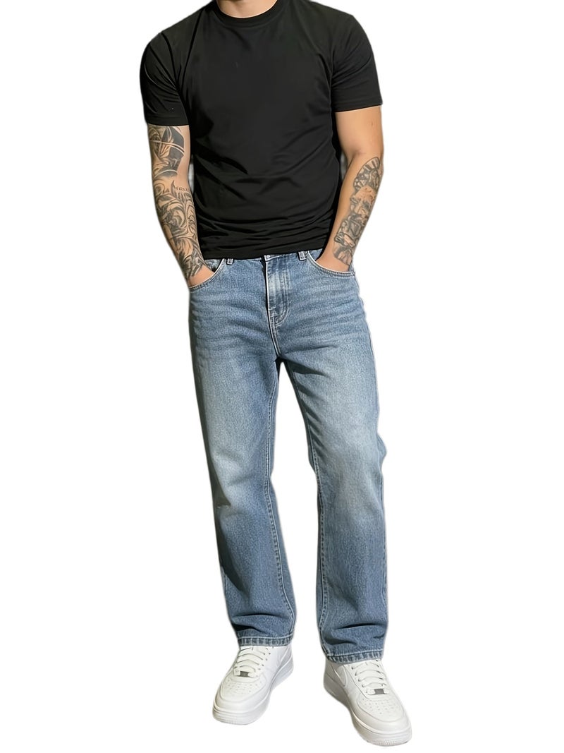 GALLERY FADE Loose Fit Men's Jeans with Slant Pockets Baggy Long Washed Skater Jean Cargo Plain Light Blue Going Out Y2K Friends Urban Going Out Commute Work Vacation - Image 1