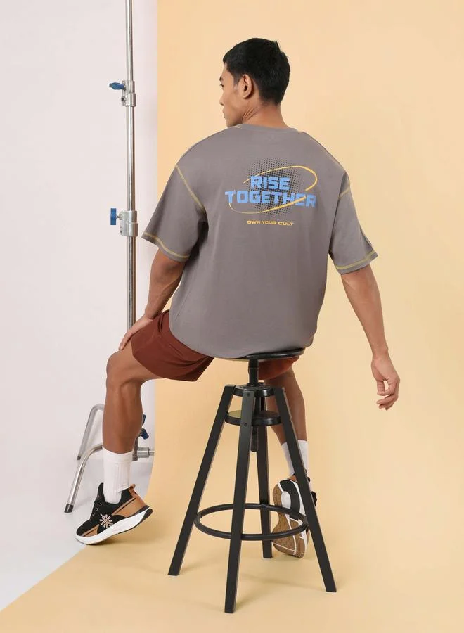 Cult Men Grey Rise Together Printed Oversized Fit T-Shirt