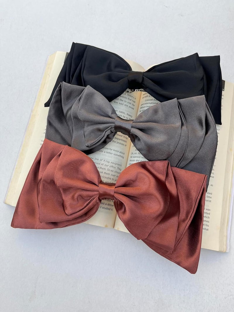 Generic Set of 3 Satin Hair Bow Clips for Girls and Women Elegant Black Grey Rust Brown Bows Large Hair Clips for Ponytails Buns HalfUp Hairstyles Soft Stylish Hair Accessories  - Image 3