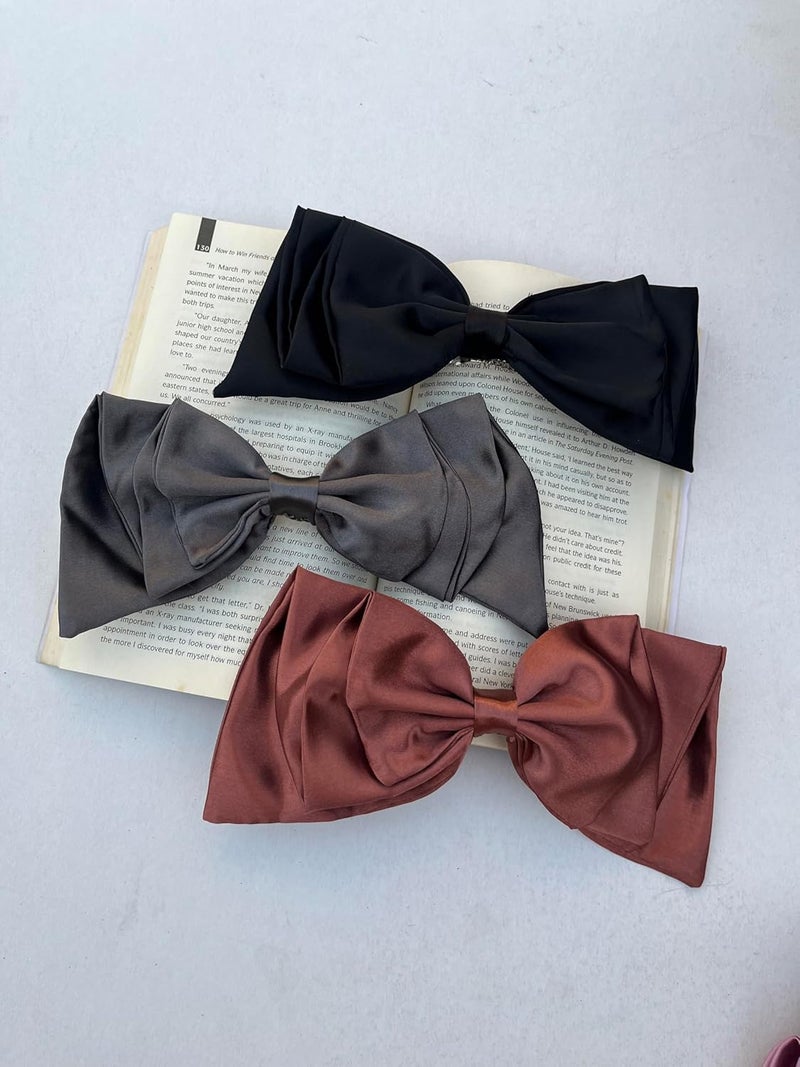 Generic Set of 3 Satin Hair Bow Clips for Girls and Women Elegant Black Grey Rust Brown Bows Large Hair Clips for Ponytails Buns HalfUp Hairstyles Soft Stylish Hair Accessories  - Image 4