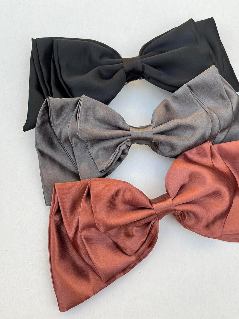 Generic Set of 3 Satin Hair Bow Clips for Girls and Women Elegant Black Grey Rust Brown Bows Large Hair Clips for Ponytails Buns HalfUp Hairstyles Soft Stylish Hair Accessories  - Image 1
