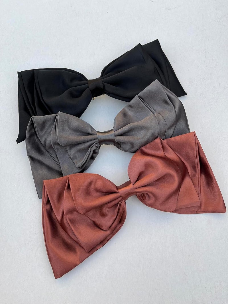 Generic Set of 3 Satin Hair Bow Clips for Girls and Women Elegant Black Grey Rust Brown Bows Large Hair Clips for Ponytails Buns HalfUp Hairstyles Soft Stylish Hair Accessories  - Image 2