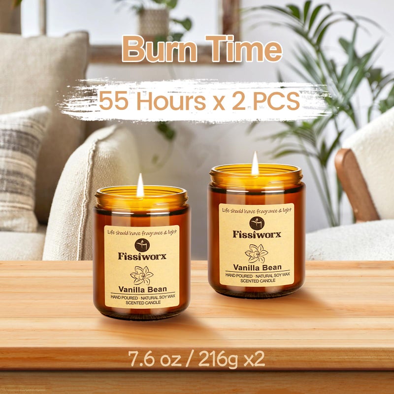 Fissiworx Vanilla Scented Candle Set 2 Pack, Candle for Home Scented, Odor Eliminating, Stress Relief, 15oz, 110 Hours Long Lasting Candles, Soy Candle Gift Set for Women - Image 5