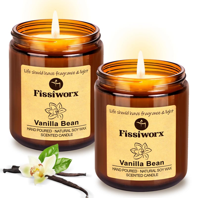 Fissiworx Vanilla Scented Candle Set 2 Pack, Candle for Home Scented, Odor Eliminating, Stress Relief, 15oz, 110 Hours Long Lasting Candles, Soy Candle Gift Set for Women - Image 1