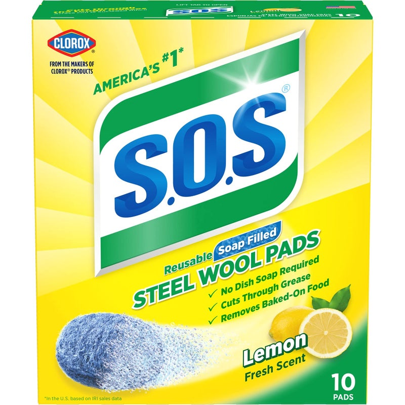 SOS Steel Wool Soap Pads Home Cleaning Pads Reusable Soap Scrubbers Grease Cleaner Outdoor Bathroom or Kitchen Cleaning Lemon Fresh Scent 10 Count